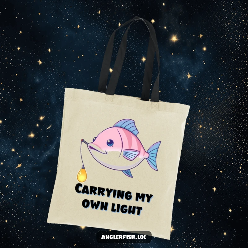 Funny Anglerfish Tote Bag: A practical tote featuring a playful anglerfish swinging its bioluminescent lure in a captivating pendulum motion.