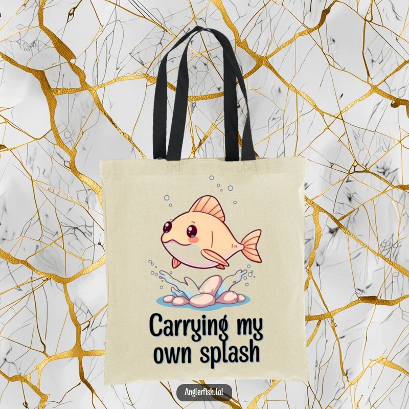 Funny Kawaii Anglerfish Tote Bag: A tote bag with a kawaii anglerfish leaping out of the water, leaving a trail of playful splashes.