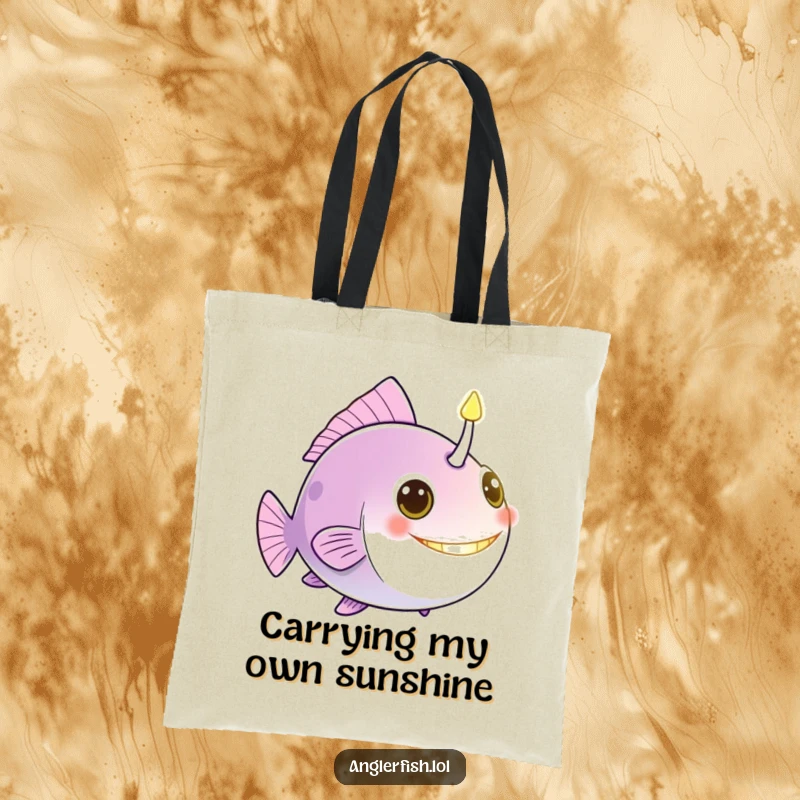 Funny anglerfish tote bag showcasing a glowing bioluminescent lure as a friendly beacon, ideal for carrying humor.