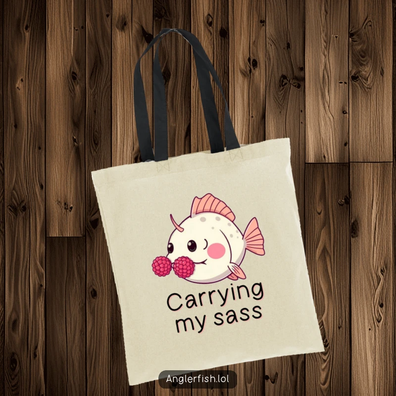 Funny Kawaii anglerfish tote bag with a cute anglerfish humorously blowing raspberries with puffed cheeks.