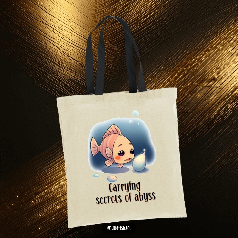 Funny anglerfish tote bag showing a curious anglerfish investigating a shimmering object in the dark ocean's abyss.