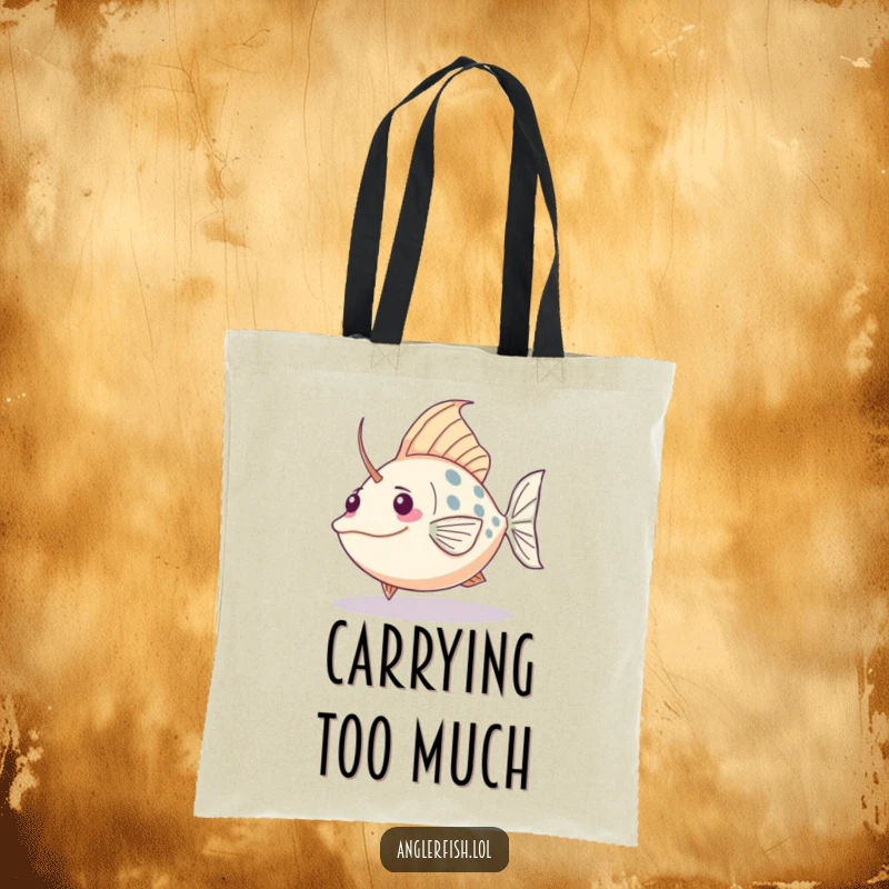 Funny Kawaii anglerfish tote bag featuring a cute fish comically tripping over its own large tail, ideal for shopping.