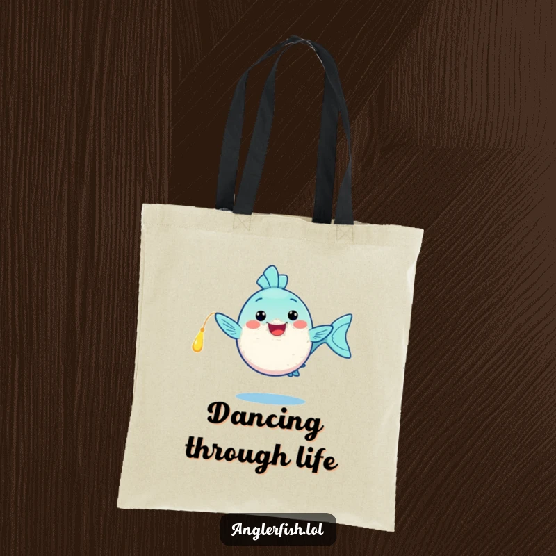 Funny kawaii anglerfish tote bag, doing a happy dance with its glowing lure, a stylish and funny gift for shoppers.