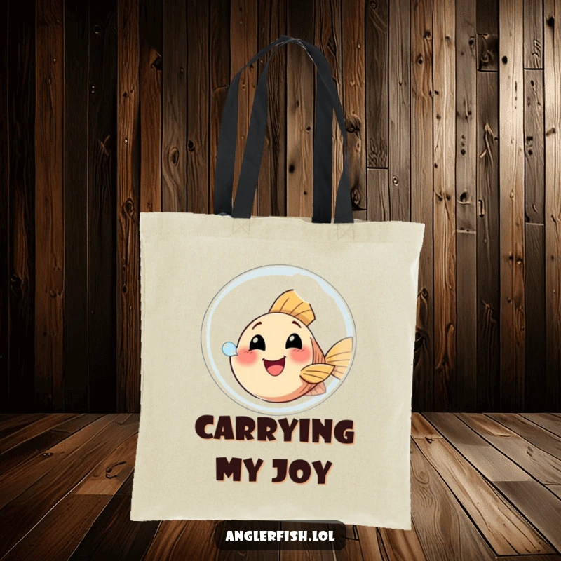 Funny Anglerfish Tote Bag with a happy anglerfish attempting to blow a giant bubble, ideal for carrying items with a joyful touch.
