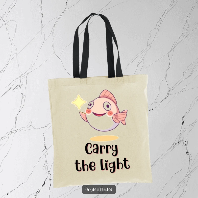 Funny anglerfish tote bag with a smiling creature offering its light, symbolizing guidance and preparedness, a great funny gift.