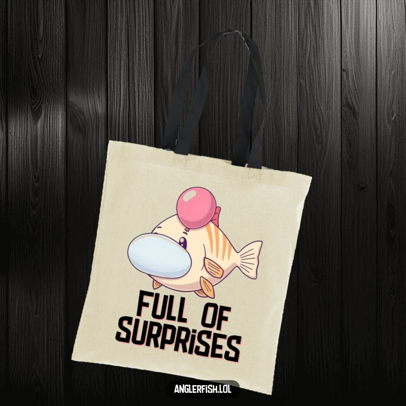 Funny anglerfish tote bag with a cheerful creature inflating its cheeks like balloons. Humorous and practical ocean-themed accessory, great funny gift.