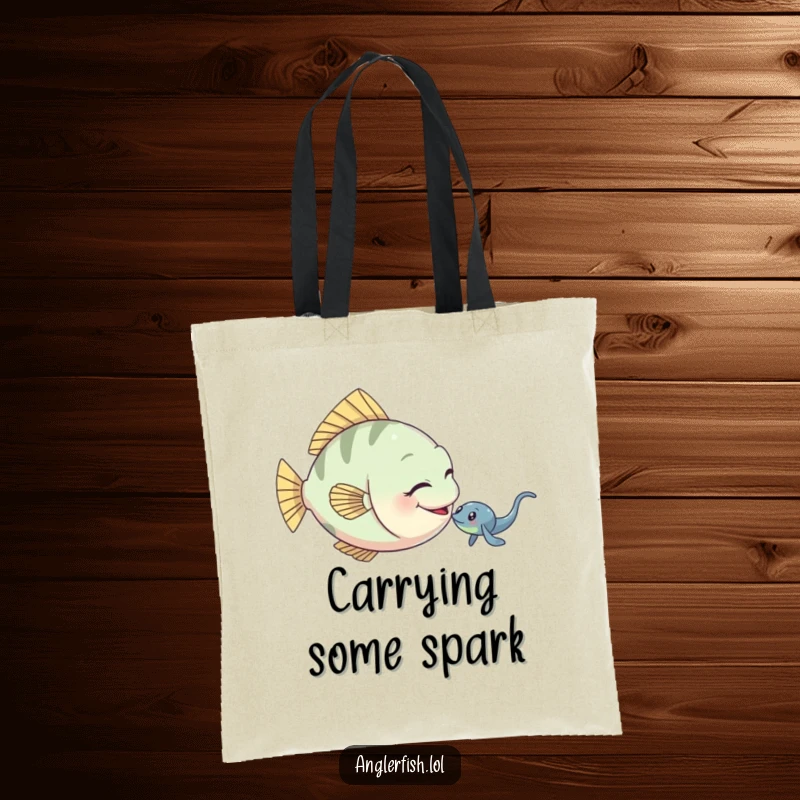 Funny anglerfish tote bag featuring a playful anglerfish gently nudging a small electric eel.