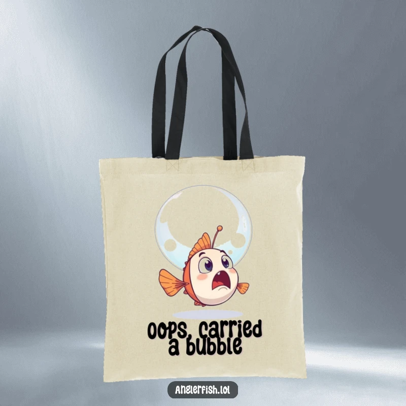 Funny anglerfish tote bag featuring a surprised anglerfish and a large, friendly bubble floating past it.