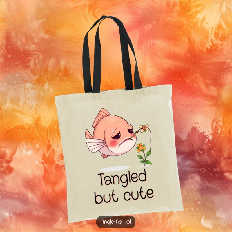 Funny tote bag depicting a confused anglerfish with its lure tangled with a tiny flower, a humorous accessory for any outing.