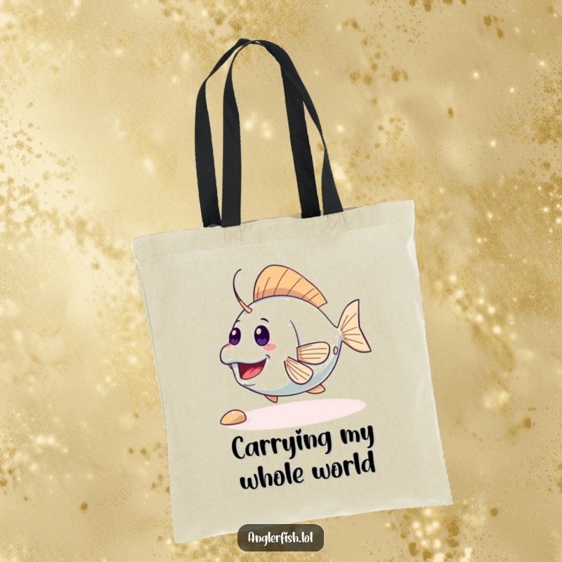 Funny cute anglerfish tote bag showcasing an excited creature wiggling its tail, ready for fun. A practical and humorous accessory, perfect funny gift.