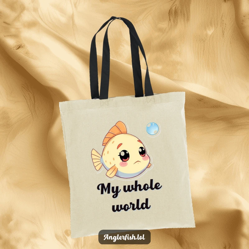 Funny Kawaii Anglerfish Tote Bag: Durable bag displaying a cute anglerfish in pure amazement at a small floating bubble.