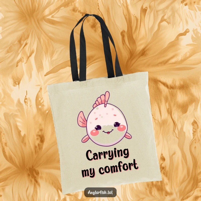Funny Kawaii Anglerfish Tote Bag: Reusable bag with a cute anglerfish peeking from its home, sharing a shy smile.