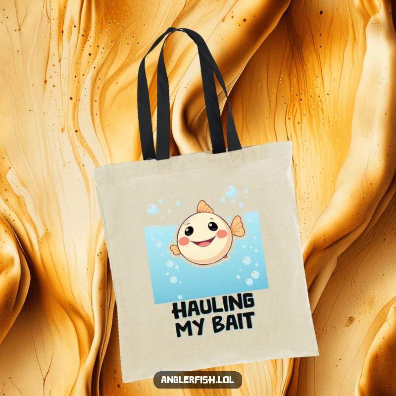 Funny tote bag decorated with a round anglerfish displaying a wide, happy smile as it floats in sparkling, bubbly water, ideal for everyday use.