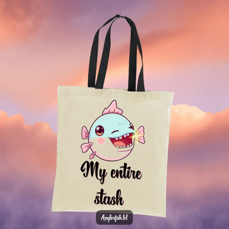 Funny Kawaii Anglerfish Tote Bag: Reusable bag with a cute anglerfish making an exaggerated gasp, its light blinking brightly.