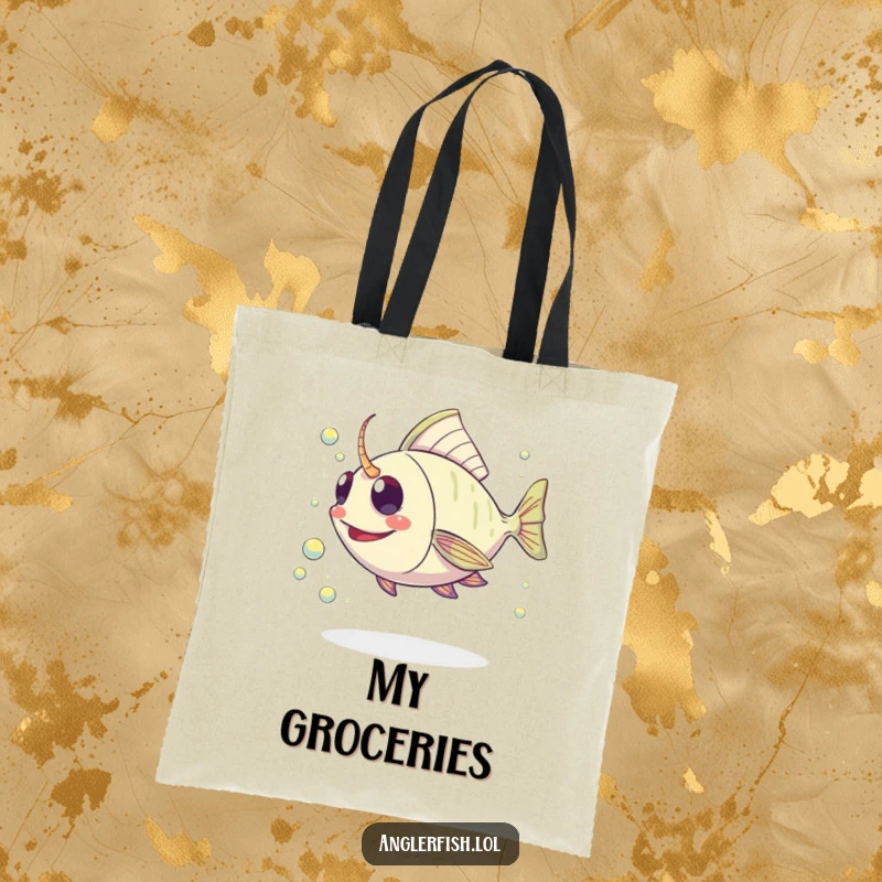 Funny Kawaii Anglerfish Tote Bag: Reusable bag with a cute anglerfish gleefully chasing a trail of shimmering plankton.