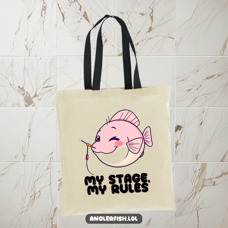 Funny kawaii anglerfish tote bag, winking cheekily with its lure as a spotlight, a stylish and funny gift for shoppers.